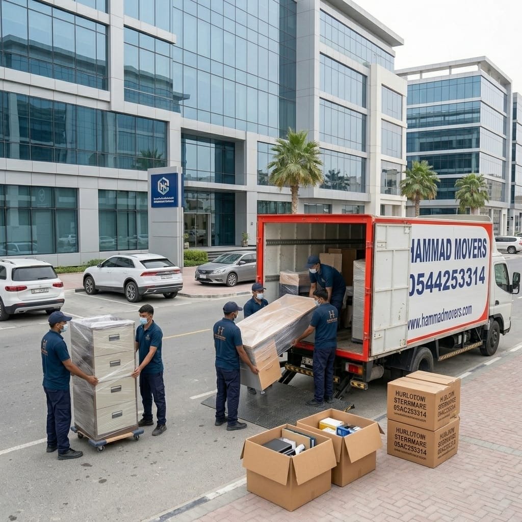 Hammad Movers team loading office furniture and boxes into moving truck in Sharjah