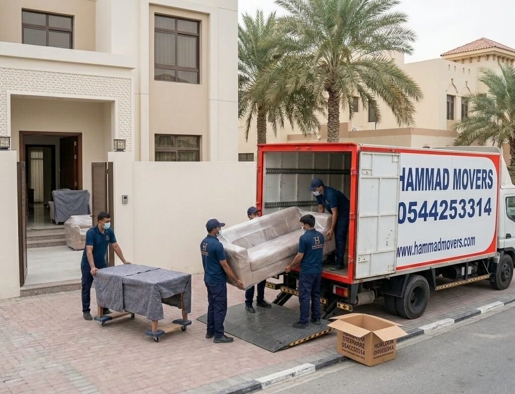 Movers wrapping and loading a sofa during a villa relocation in Sharjah
