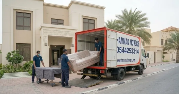 عمال يحملون اريكة مغلفة الى شاحنة حماد لنقل الاثاث امام فيلا في الشارقة