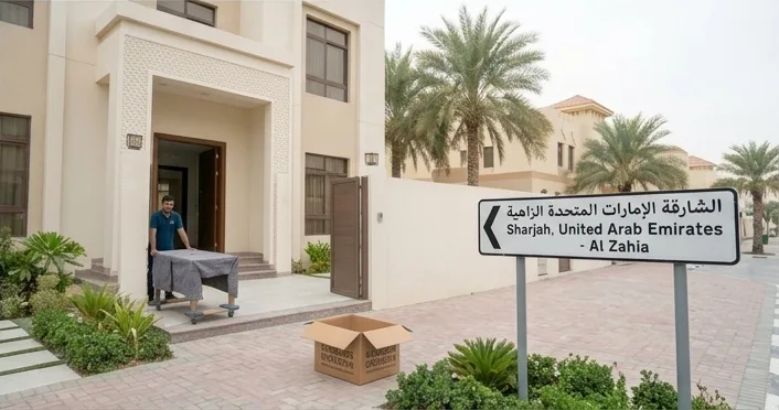 عامل ينقل طاولة مغلفة ببطانية الى مدخل فيلا في حي سكني بالشارقة